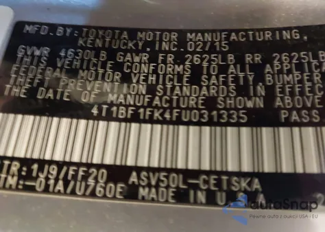 2015 Toyota Camry Se from USA, damaged, VIN 4T1BF1FK4FU031335